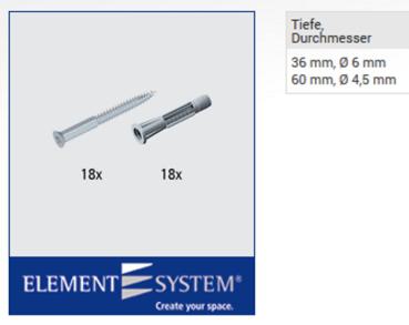 18x Dübel: T 30 mm, Ø 6 mm 18x Schraube: T 60 mm, Ø 4,5 mm Farbe: Verzinkt