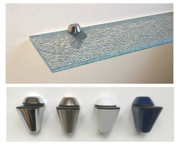 Wandregal CRASH-Glas mit Cliphalterung XL in blau, weiss, chromfarben und edelstahlfinish